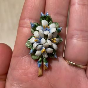 Vintage blue floral ceramic brooch pin